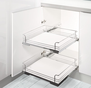 Base unit internal drawer box with railing, Installation behind front, roller bearing guided, shelf