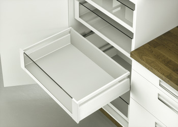 Internal drawer set, Häfele Matrix Box P35 VIS, with front panel insert and rectangular side railing, drawer side height 115 mm, load bearing capacity 35 kg