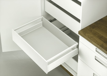 Internal pull out set, Häfele Matrix Box P35 VIS, with front panel and rectangular side railing, drawer side height 92 mm, load bearing capacity 35 kg