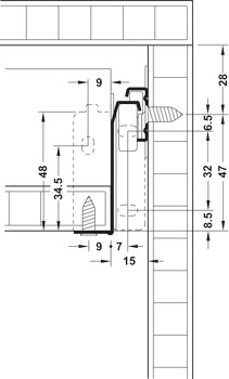Drawer side runner, Häfele Matrix Box Single A25, single extension, height 54 mm, white, RAL 9010