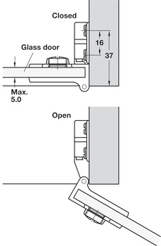 Glass door hinge, Opening angle 170°, inset mounting