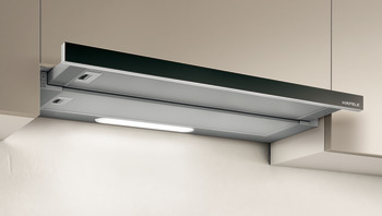 Slide-out hood, Stainless steel and black glass panel