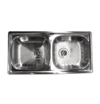 Sink, dimension 860 x 435 x 160 mm, 34 mm tap hole, double bowl stainless steel with drainer and p-trap